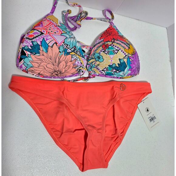 Body Glove Baby Love Bikini Top & Smoothies Basic Bottom Sz Large Orange Floral - Picture 3 of 16
